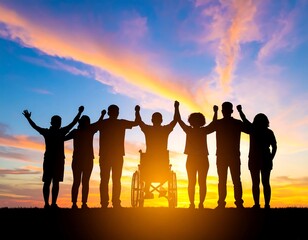 Silhouette of diverse group, hands raised, sunset