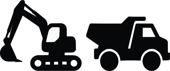 Black Silhouette Icons of Excavator and Dump Truck on White Background construction heavy machinery
