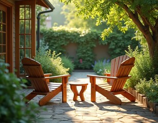 Serene garden patio features wooden chairs, table bathed in sunlight. Rich plants, trees, foliage create tranquil, secluded retreat for relaxation, quiet conversations. Perfect for backyard summer