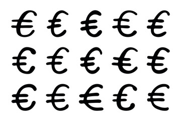 Set of hand drawn euro currency symbol. Brush stroke doodle. Single element for design