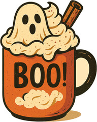 Halloween ghost in pumpkin spice latte mug with boo text