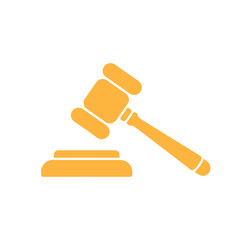 Gold gavel icon illustration on white background representing law and justice process