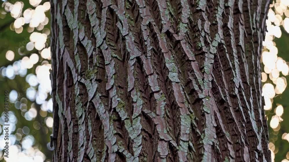 Poster close-up video of textured tree bark with soft bokeh background. captured at eye level, highlighting