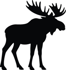 Black Silhouette of a Moose with Large Antlers on a White Background deer animal