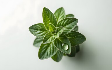 Obraz premium Fresh green oregano sprig with water droplet herb plant