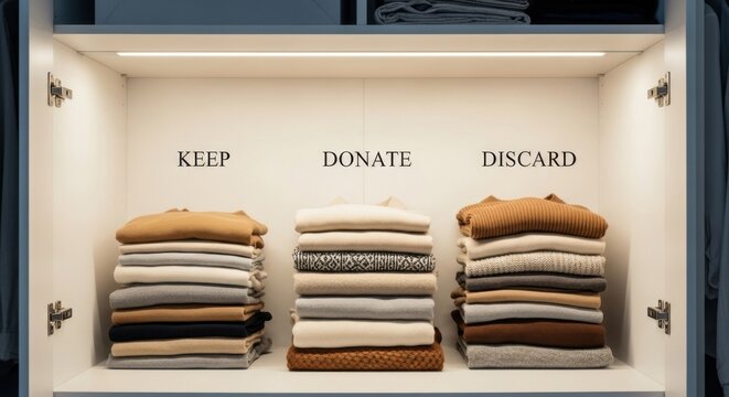 Organized closet shelf with folded clothes sorted into keep, donate, discard piles
