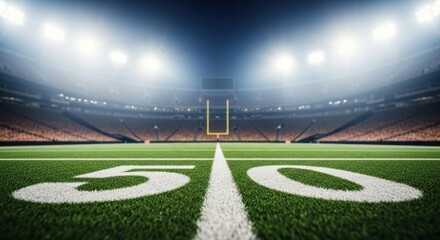 Empty american football stadium at night with bright lights on 50 yard line and goalposts
