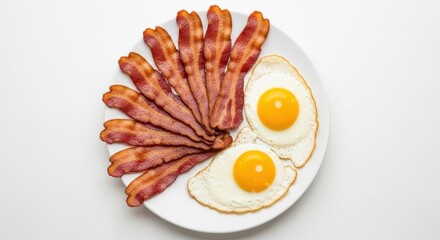 Overhead shot of crispy bacon strips and sunny side up eggs, a classic breakfast food on a white plate