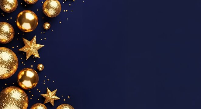 Festive gold glittered Christmas baubles and stars are arranged on a dark blue background with scattered gold confetti creating a celebratory and luxurious holiday theme Decoration