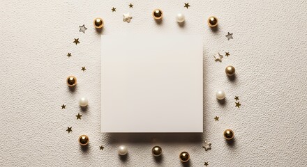 A blank white square card is centrally placed on a textured off white surface surrounded by scattered golden metallic star confetti gold baubles and pearl beads blank card