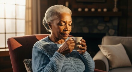 Calm elderly african american woman with gray hair enjoying a warm drink in a cozy home