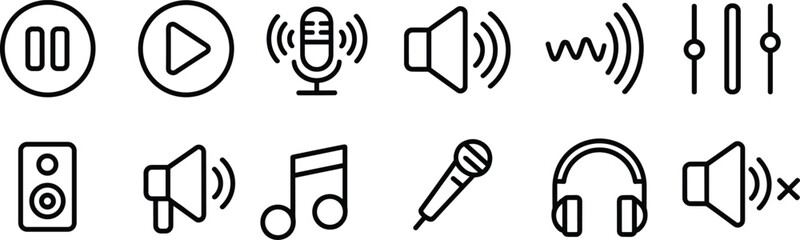 Flat vector illustration, audio icons, music symbols, play button, pause icon, microphone graphic, speaker symbol, sound wave, headphones design, mute symbol