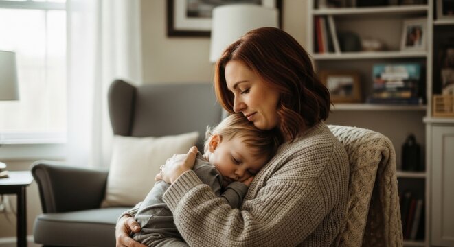 Mother holding her sleeping toddler in a cozy living room bathed in soft natural light
