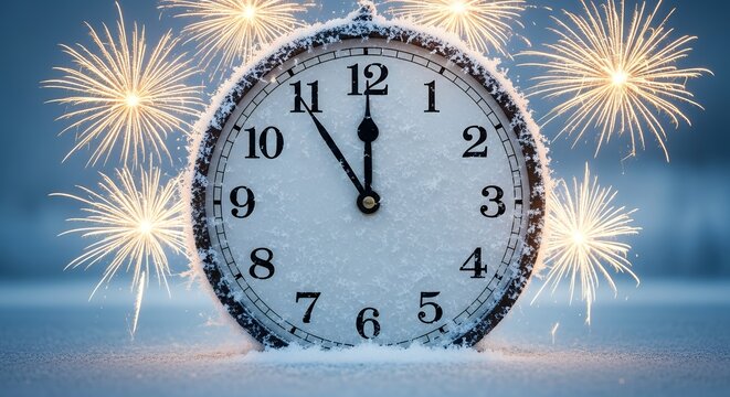 Close up of a frozen clock face at midnight with fireworks exploding symbolizing a new beginning and celebration new year time snow winter countdown midnight clock explosion