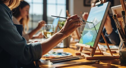 Woman hands painting a serene mountain lake landscape on canvas at an art workshop