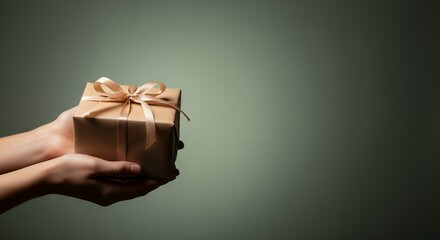 Two hands gently holding a brown paper gift box tied with a delicate peach ribbon against a softly lit textured green background Present Giving Receiving Kraft Wrapped Celebration