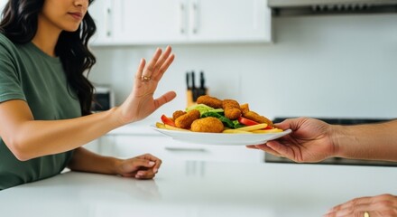 Young woman declining unhealthy fast food plate for a healthy lifestyle choice