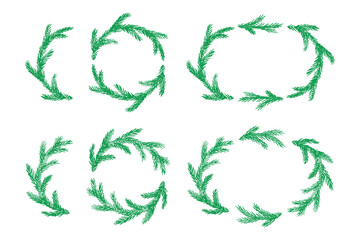 Set of hand drawn Christmas decoration border with spruce branches. Wreath doodle. Christmas, winter and New Year design element