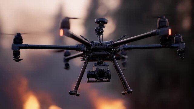 Close medium shot of a drones windmeasuring instruments in clear focus as it hovers near flame jets with the surrounding fire effects softly blurred to emphasize advanced safety