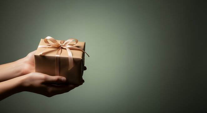 Two hands gently holding a brown paper gift box tied with a delicate peach ribbon against a softly lit textured green background Present Giving Receiving Kraft Wrapped Celebration