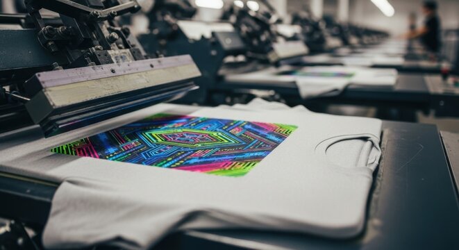 Vibrant abstract geometric design screen printed onto a light gray t shirt in a factory