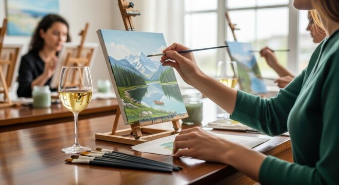 Woman painting a serene mountain lake landscape on canvas during an art class with wine - Powered by Adobe