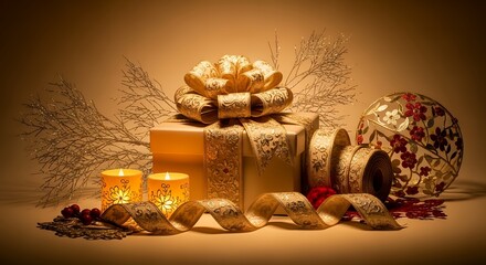 A golden gift box with ornate ribbon glowing candles festive branches and a decorative bauble create a luxurious holiday scene Christmas Present Celebration Luxury Decoration