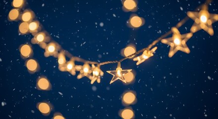 Glowing star shaped string lights illuminate a dark night sky with falling snow creating a festive holiday atmosphere Christmas lights star lights holiday lights winter bokeh