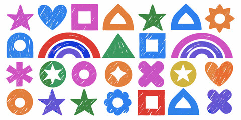 Colorful Hand Drawn Geometric Shapes and Symbols on White Background abstract blue