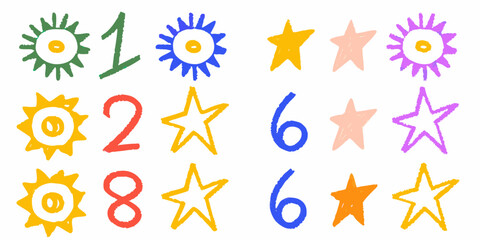Colorful Hand Drawn Sun and Star Shapes with Numbers on White Background vector illustration
