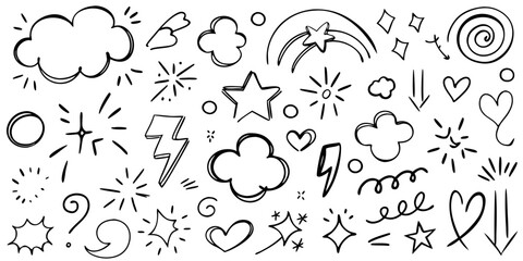 Hand Drawn Doodle Elements With Clouds Stars Hearts And Lightning drawing sketch