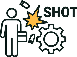 Icon of person with briefcase and exploding gear with text SHOT business