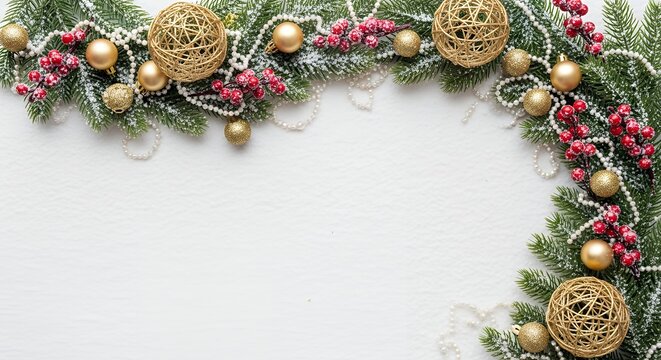 Festive evergreen branches adorned with golden baubles pearl garlands and red berries dusted with artificial snow on a textured white background Christmas Holiday Decoration