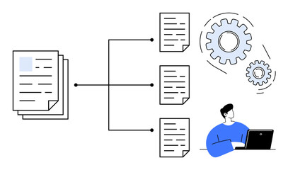 Stack of documents connected to smaller files, digital workflow gears, person working on a laptop. Ideal for automation, productivity, collaboration, organization, workflow, document management data