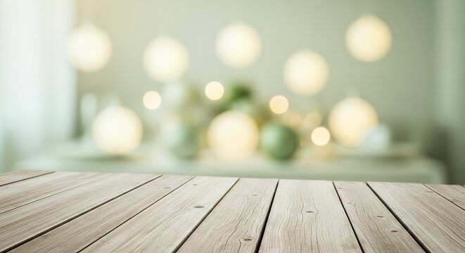 Wooden surface in foreground with soft focus background showcasing decorative orbs and ambient lighting texture blurred bokeh decoration festive interior table backdrop out of focus