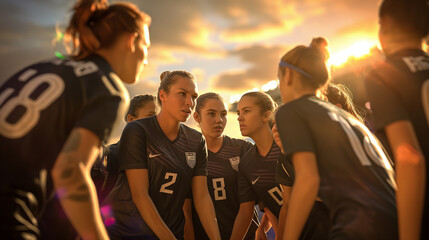 Female soccer team huddling before game at sunset