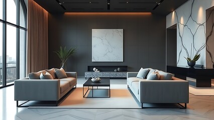 Contemporary lounge featuring a minimalist sofa and marble accents, showcasing clean lines and sophisticated design.