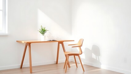 A minimalist office corner features a wooden desk and chair with a single potted plant, illuminated by clean natural ambient light.