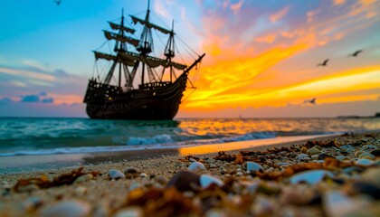 Obraz premium A majestic galleon at sunset, silhouetted against a vibrant sky, waves lapping a shell-strewn beach in the foreground