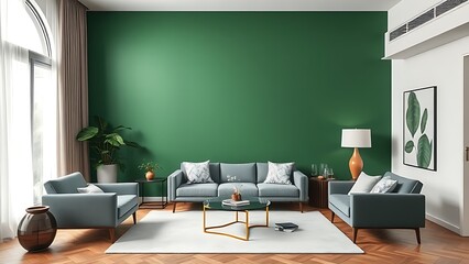 Contemporary living room featuring a green accent wall and elegant furniture, exuding sophistication.