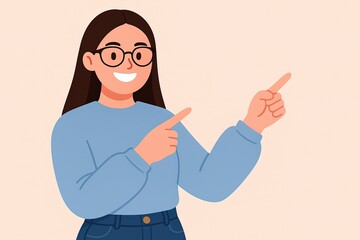 Cheerful young woman gesturing with fingers on a soft pastel background, modern flat design style