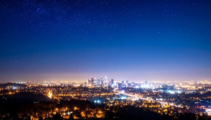 City skyline at night under a starry sky