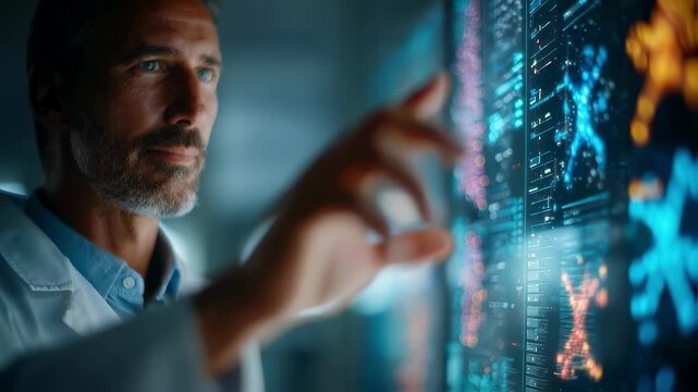 Closeup medium shot of expert molecular pathologist pointing at mutation graphs on a digital display surrounding conference room elements softly blurred to emphasize precision.