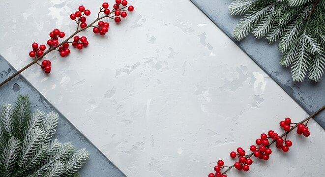 Frosted evergreen branches and vibrant red berries adorn a textured concrete surface creating a festive winter composition with ample negative space Christmas Holiday Pine
