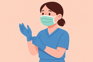 Healthcare professional preparing for procedure with gloves and mask on pastel background