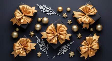 Several black gift boxes adorned with opulent gold ribbons and bows are artfully arranged with glittering gold baubles star ornaments and frosted white branches Gifts Christmas