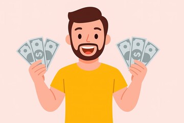 Happy man holding cash bills with a cheerful expression in a bright yellow shirt