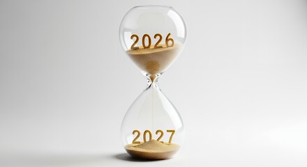 Hourglass with gold numbers 2026 above and 2027 below sand flowing from top bulb to bottom bulb time transition future year antique clock timer countdown passing measurement