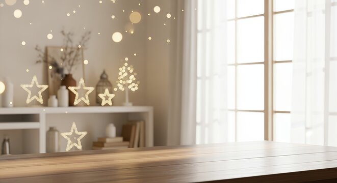 A wooden tabletop with a soft focus background featuring glowing star lights a decorative tree with fairy lights and a window with sheer curtains letting in natural light - Powered by Adobe