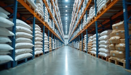 Vast warehouse interior with towering shelves filled with numerous bulk bags of sugar, rice. Industrial storage facility features rows of merchandise, large-scale food distribution, logistics